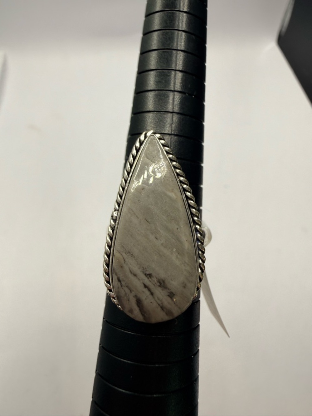 925 Handcrafted Grey Marble Stone Ring Size 10 Silver Tone Teardrop Ring